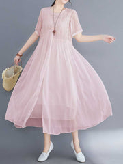 Embroidered Silk Round-Neck A-Line Dress