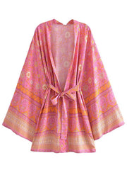Short Kimono With Floral Print Pink & Yellow Cotton Short Length Gown Robe