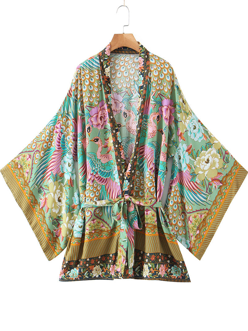 Kimono Floral Birds Print Green Color Cotton Short Gown Kimono Duster