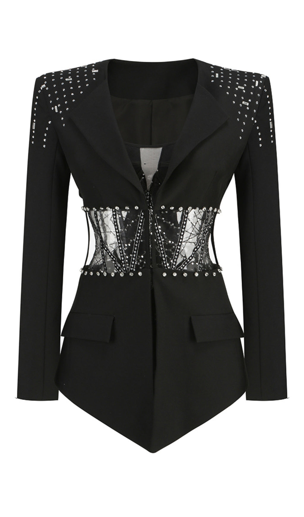 STRAPLESS JUMPSUIT LONG SLEEVE RHINESTONE BLAZER