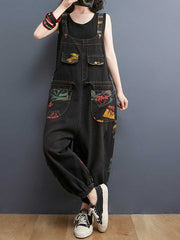 Denim Printed Nine-Point Pants High Waist Overalls Dungaree