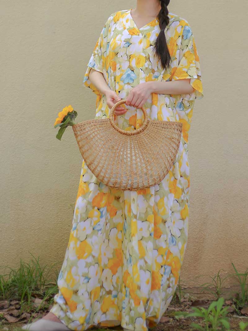 Cotton Yellow Floral Print Kaftan Dress