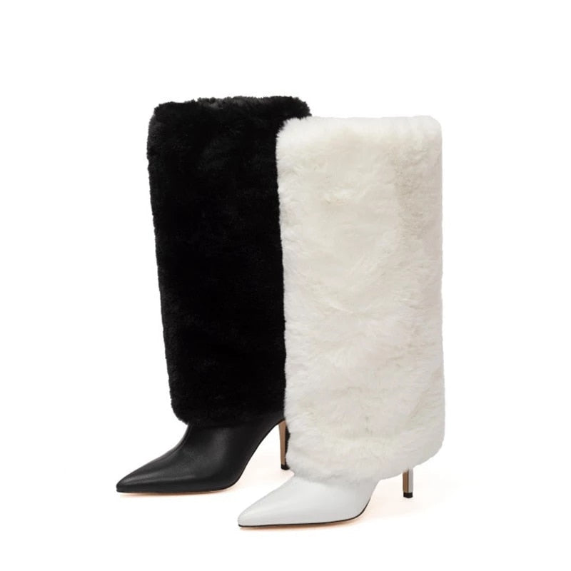 Leather Fur Design Knee High Boots