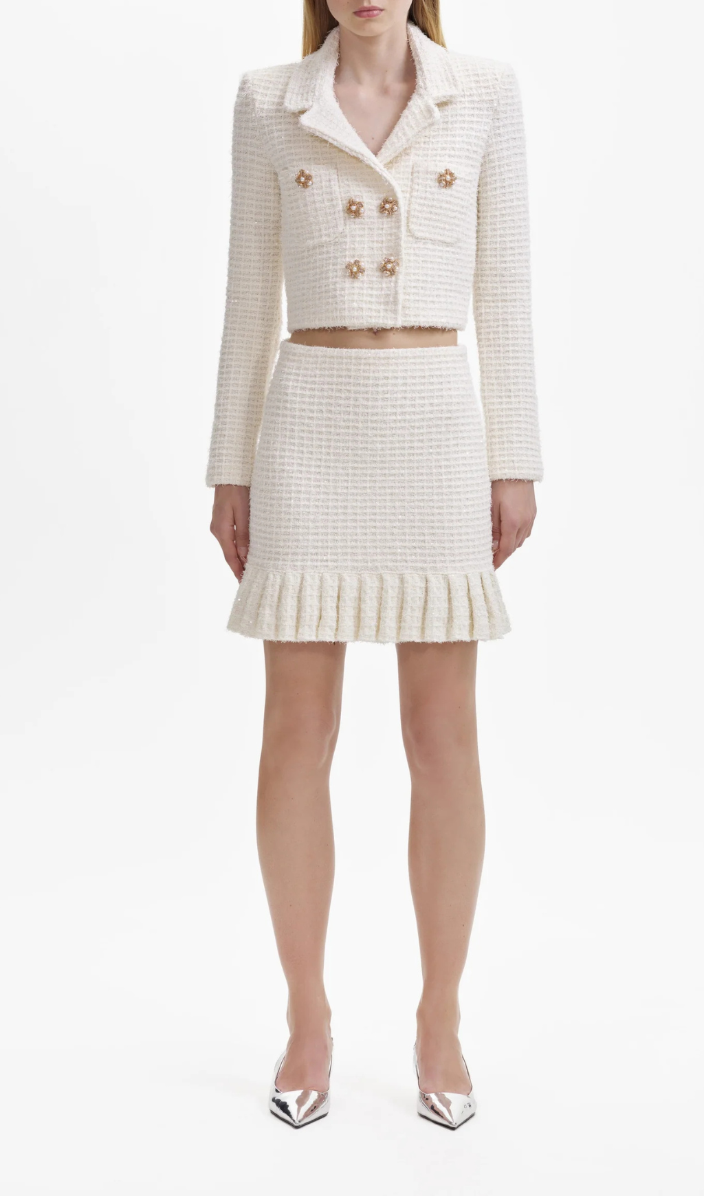 CREAM SEQUIN TEXTURED KNIT SKIRT