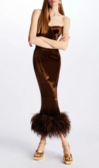 STRAPLESS BUSTIER FEATHER HEM MIDI VELVET DRESS BROWN