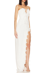 HIGH SPLIT STRAPLESS GOWN IN WHITE