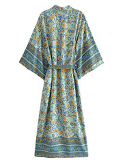 Beachwear Long Gown Floral Print Green Color Cotton Gown Robe Kimono