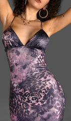 SPAGHETTI LEOPARD PRINT BACKLESS DRESS IN PURPLE