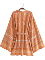Short Kimono With Floral Print Pink & Yellow Cotton Short Length Gown Robe