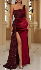 VELVET ONE-SHOULDER SEQUINS MAXI DRESS