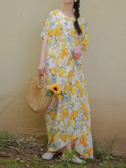Cotton Yellow Floral Print Kaftan Dress