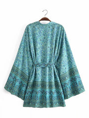 Short Kimono With Floral Print Green Color Cotton Short Length Gown Kimono Duster Robe