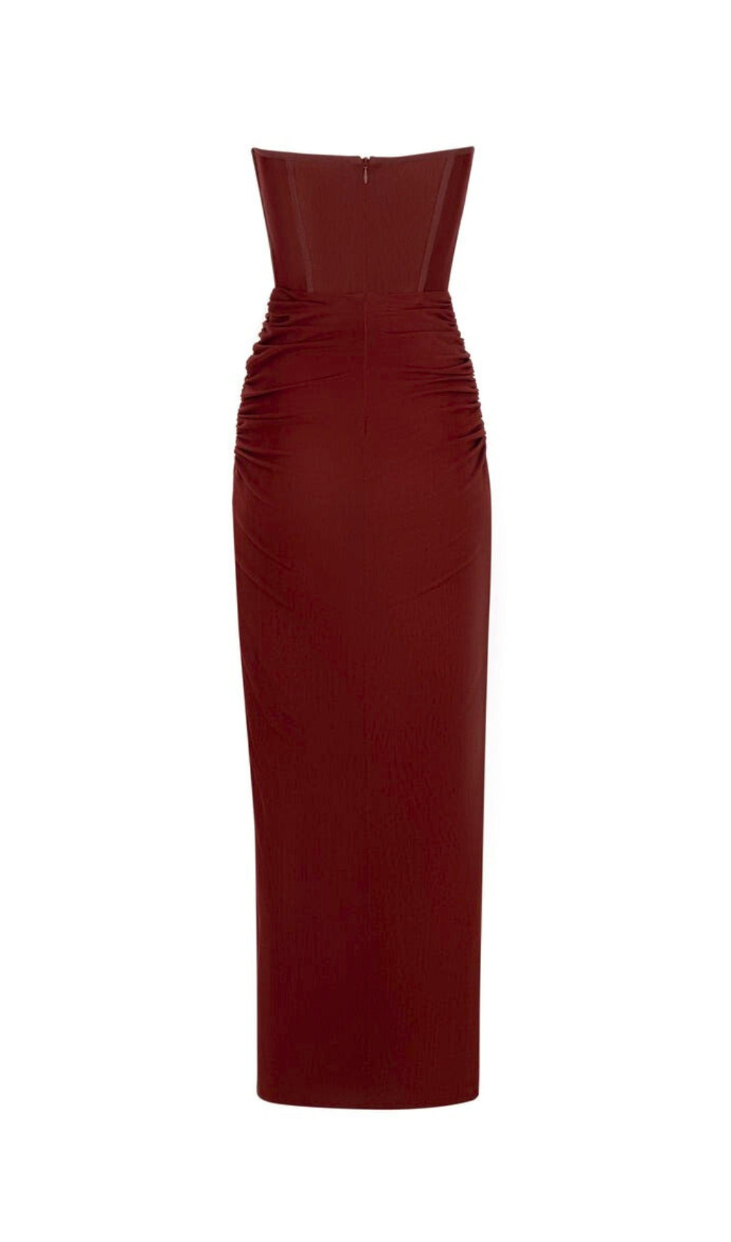 STRAPLESS RUCHED DRESS IN BROWN