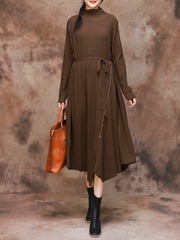 Solid Color Collar A-Line Dress with Thin Belt for Women
