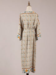 Beachwear Floral Cotton Kimono Beige Color Long Gown Robe Kimono Duster Robe