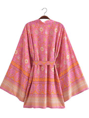 Short Kimono With Floral Print Pink & Yellow Cotton Short Length Gown Robe