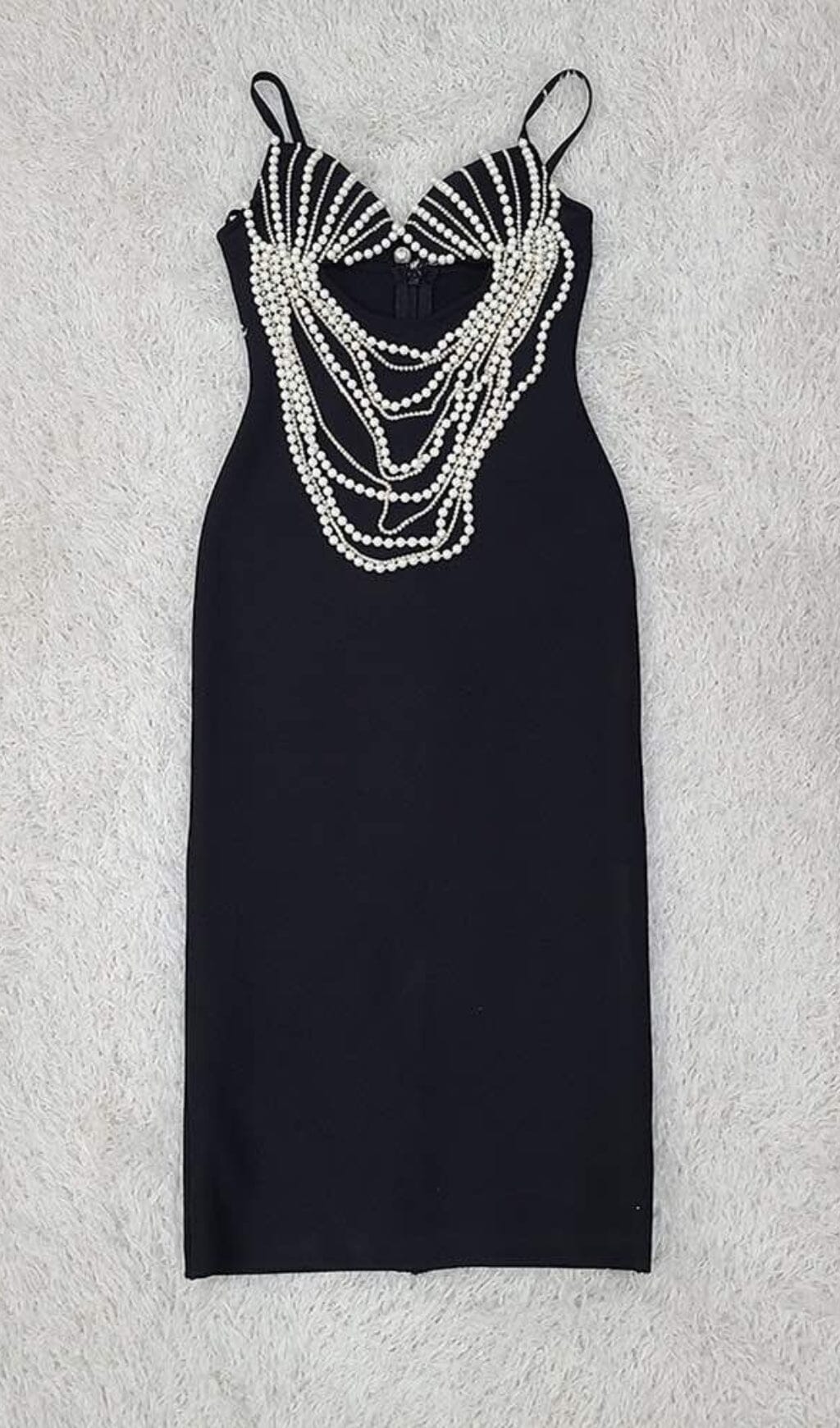 PEARL EMBELLISHED MIDI DRESS IN BLACK