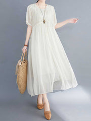 Embroidered Silk Round-Neck A-Line Dress