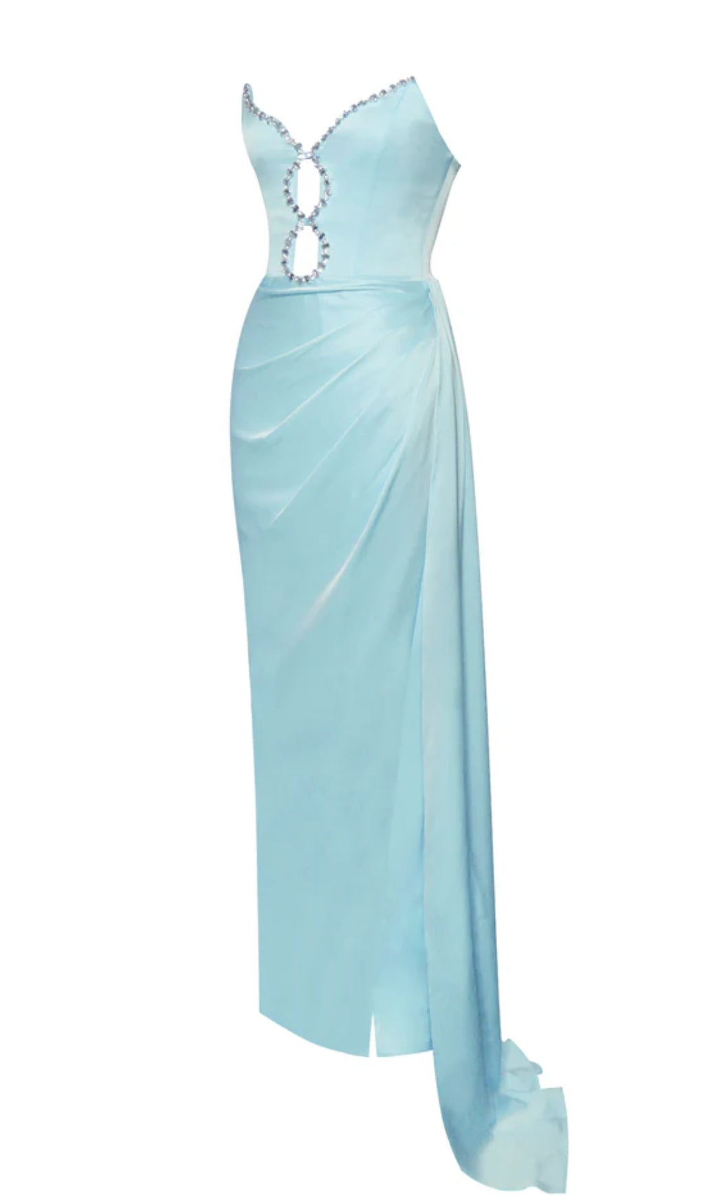 BLUE SATIN CRYSTAL EMBELLISHED HIGH SLIT GOWN
