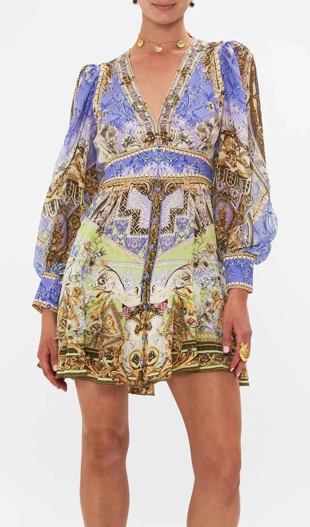 BUTTON FRONT FRILL DRESS GILDED