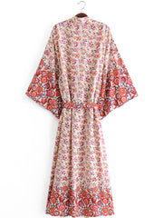 Bridal Party Wear Long Length With Floral Print Red Color Cotton Gown Kimono Duster