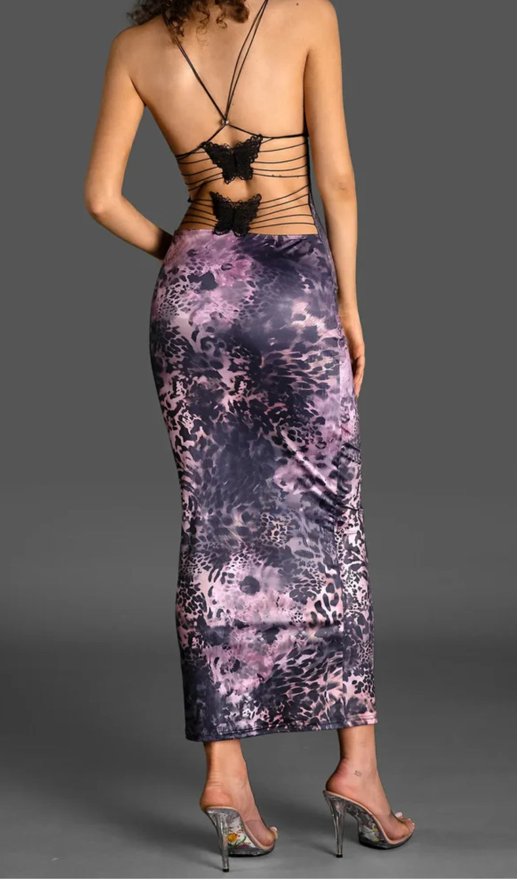 SPAGHETTI LEOPARD PRINT BACKLESS DRESS IN PURPLE