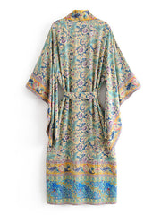 Long Kimono Floral Print Green Color Cotton Viscose Long Length Gown Kimono Duster Robe