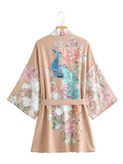 Short Length Floral + Peacock Print Khaki Color Polyester Gown Kimono Duster Robe