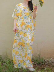Cotton Yellow Floral Print Kaftan Dress