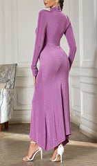 PURPLE LONG-SLEEVED HALTER NECK TIGHT FISHTAIL DRESS