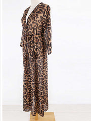 Leopard Print Leopard Color Chiffon Long Length Gown Kimono Duster Robe