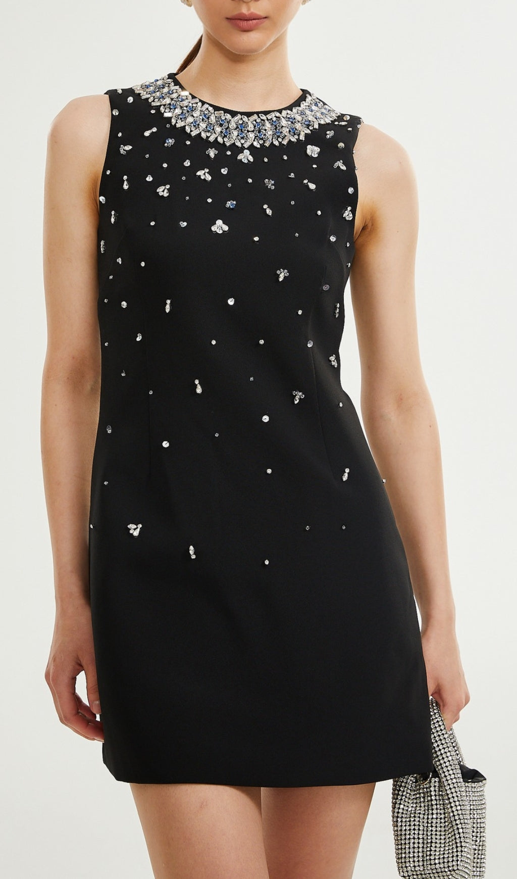 CRYSTAL-EMBELLISHED MINI DRESS IN BLACK