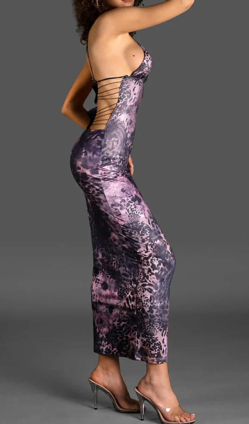 SPAGHETTI LEOPARD PRINT BACKLESS DRESS IN PURPLE