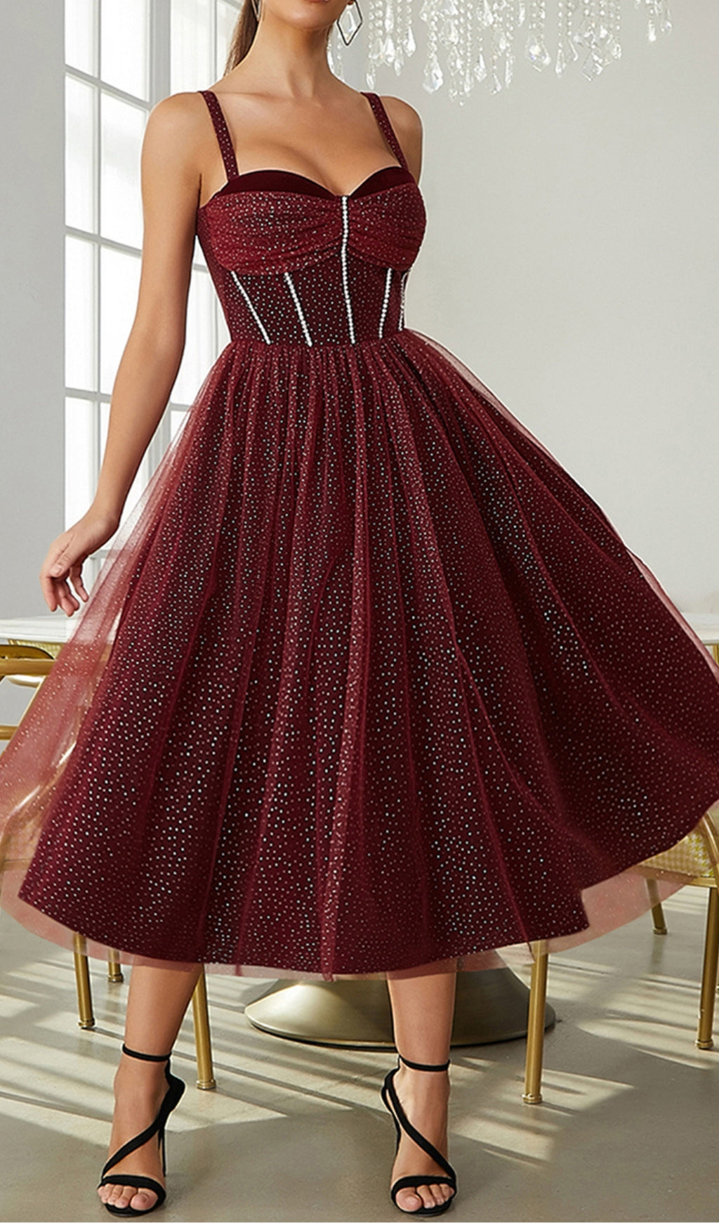 RUCHED BUST RHINESTONE MESH CAMI DRESS