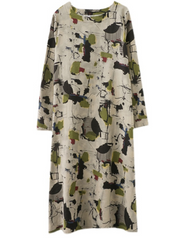 cotton long-sleeved pring summer with broken flowers A-line dress