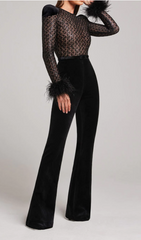 BLACK FEATHER SEQUIN JUMPSUIT