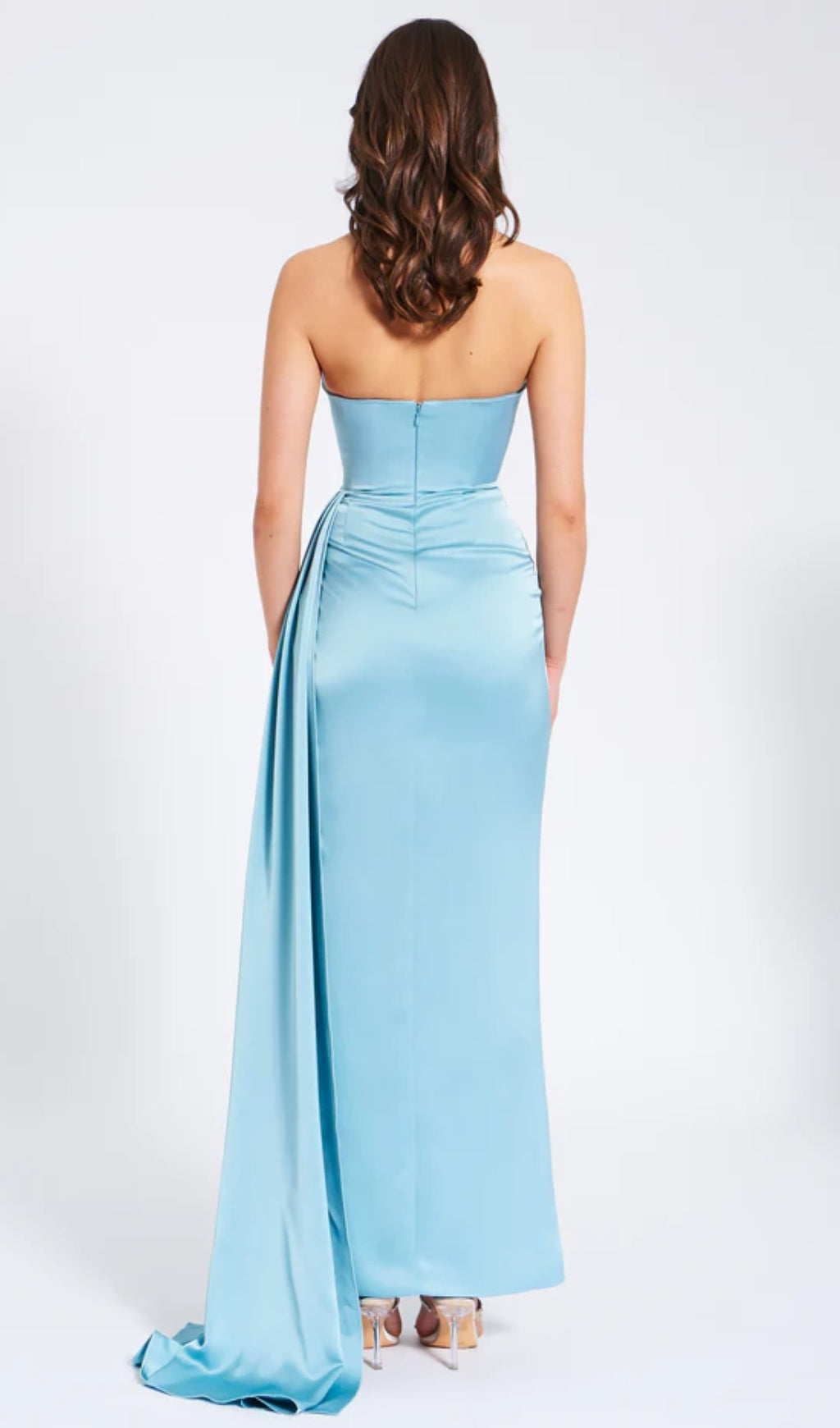 BLUE SATIN CRYSTAL EMBELLISHED HIGH SLIT GOWN