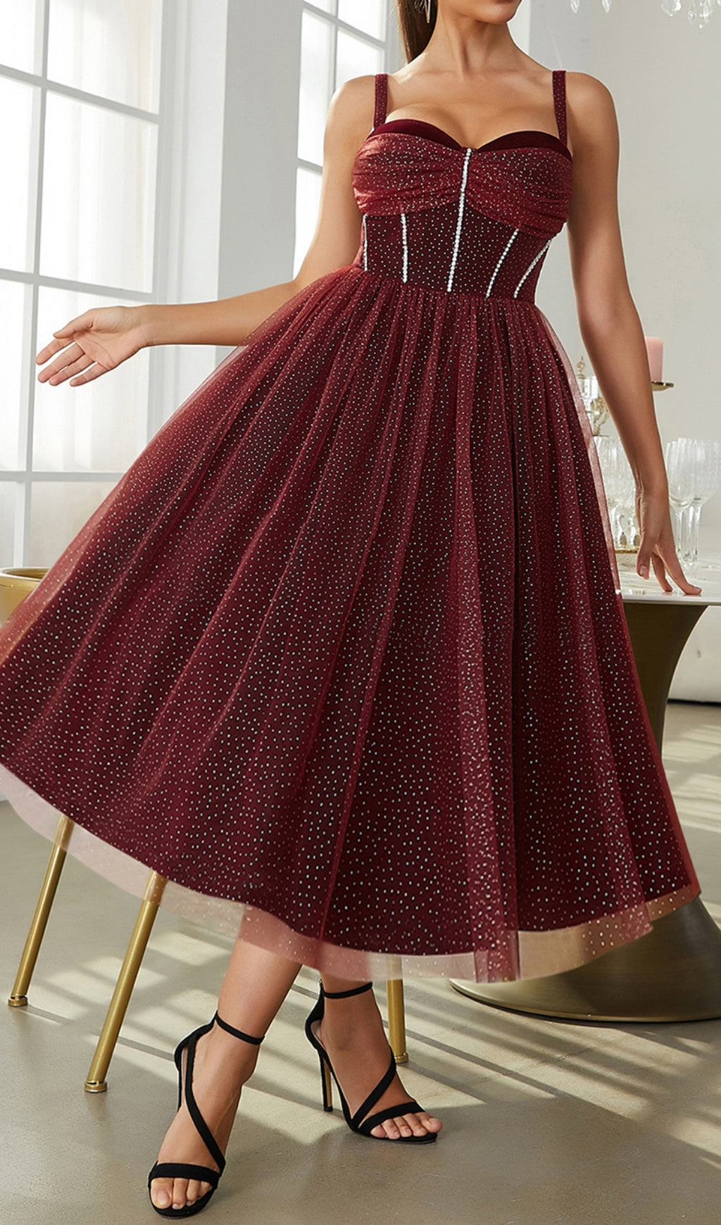 RUCHED BUST RHINESTONE MESH CAMI DRESS
