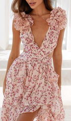 RUFFLED FLORAL CUTOUT MAXI DRESS