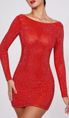 EMBELLISHED HIGH NECK COWL BACK MINI DRESS IN RED