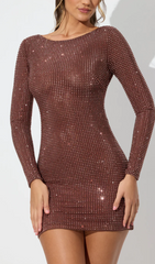 EMBELLISHED HIGH NECK COWL BACK MINI DRESS IN ESPRESSO