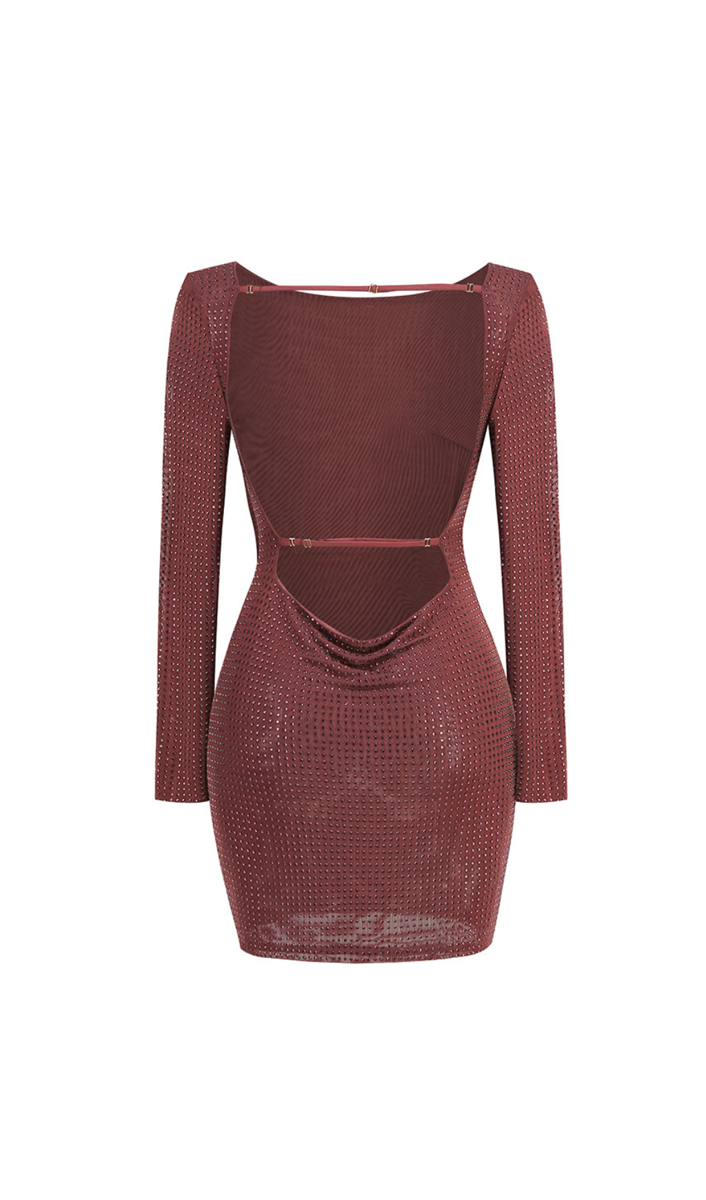 EMBELLISHED HIGH NECK COWL BACK MINI DRESS IN ESPRESSO