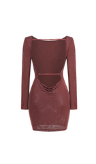 EMBELLISHED HIGH NECK COWL BACK MINI DRESS IN ESPRESSO