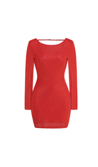 EMBELLISHED HIGH NECK COWL BACK MINI DRESS IN RED