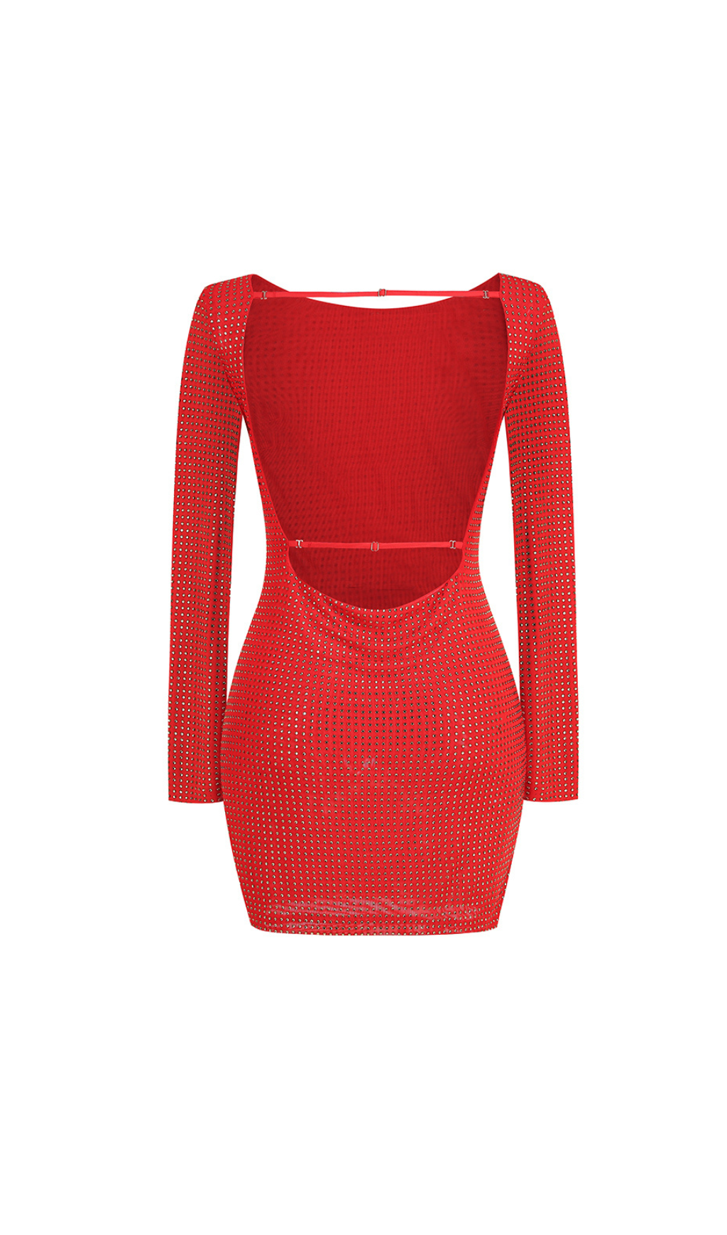 EMBELLISHED HIGH NECK COWL BACK MINI DRESS IN RED