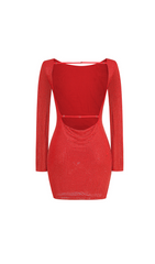 EMBELLISHED HIGH NECK COWL BACK MINI DRESS IN RED