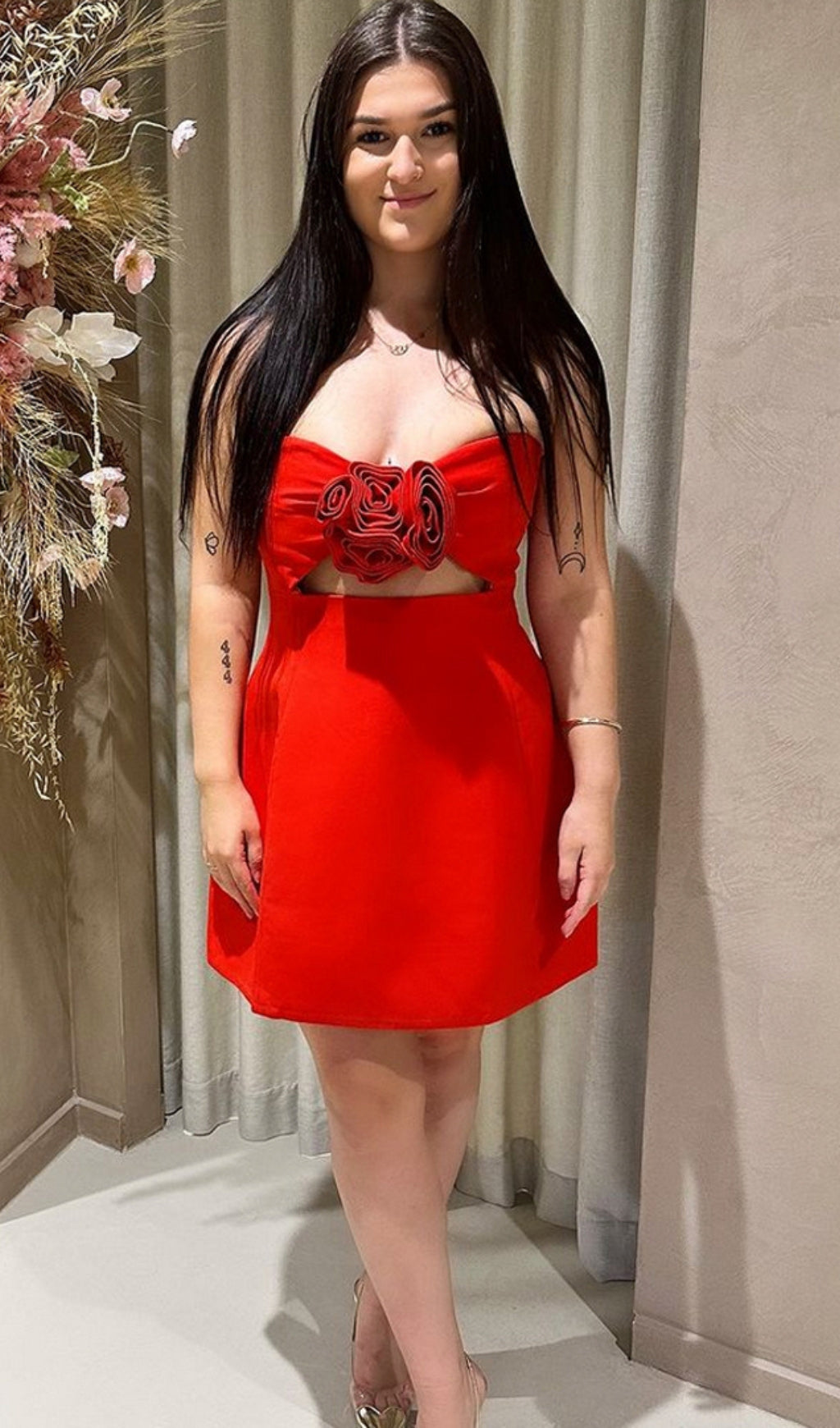 RED STRAPLESS CUTOUT MINI DRESS