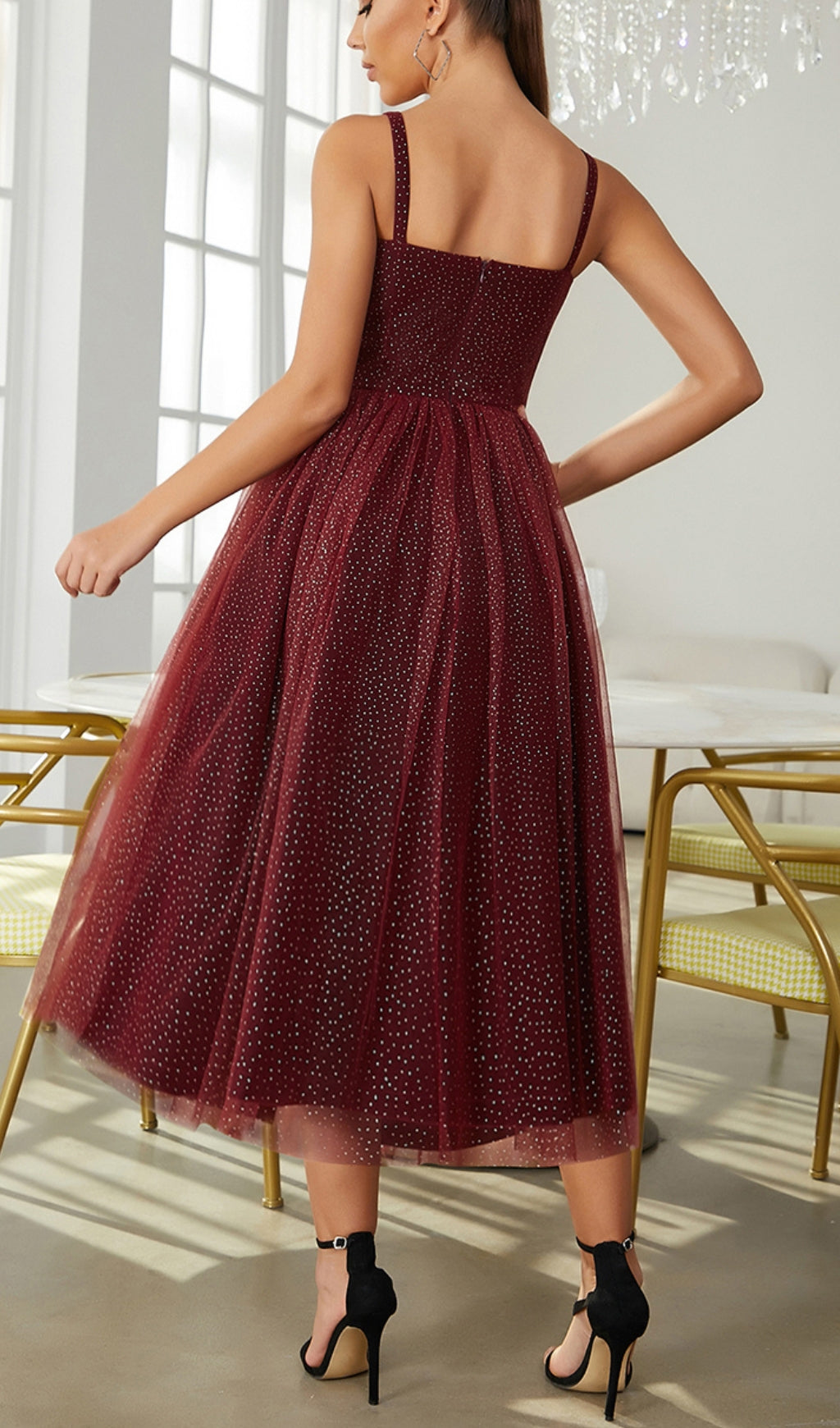 RUCHED BUST RHINESTONE MESH CAMI DRESS