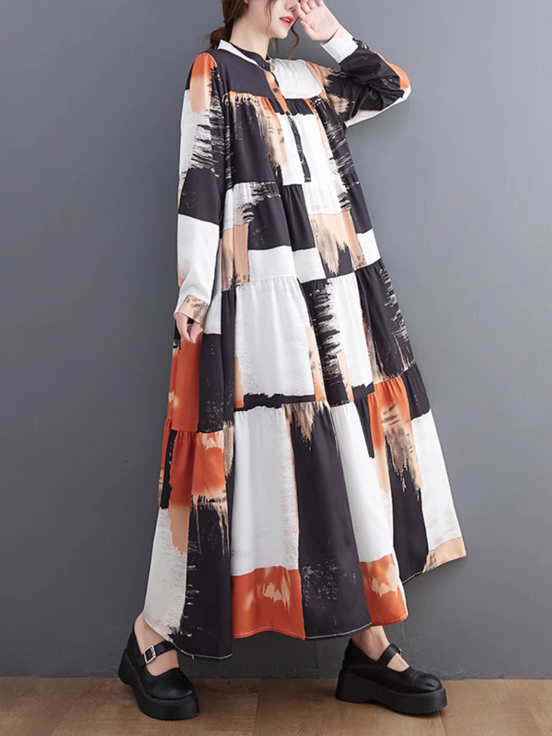 Comfort Large Size Loose Printing Collar A-Line Dress