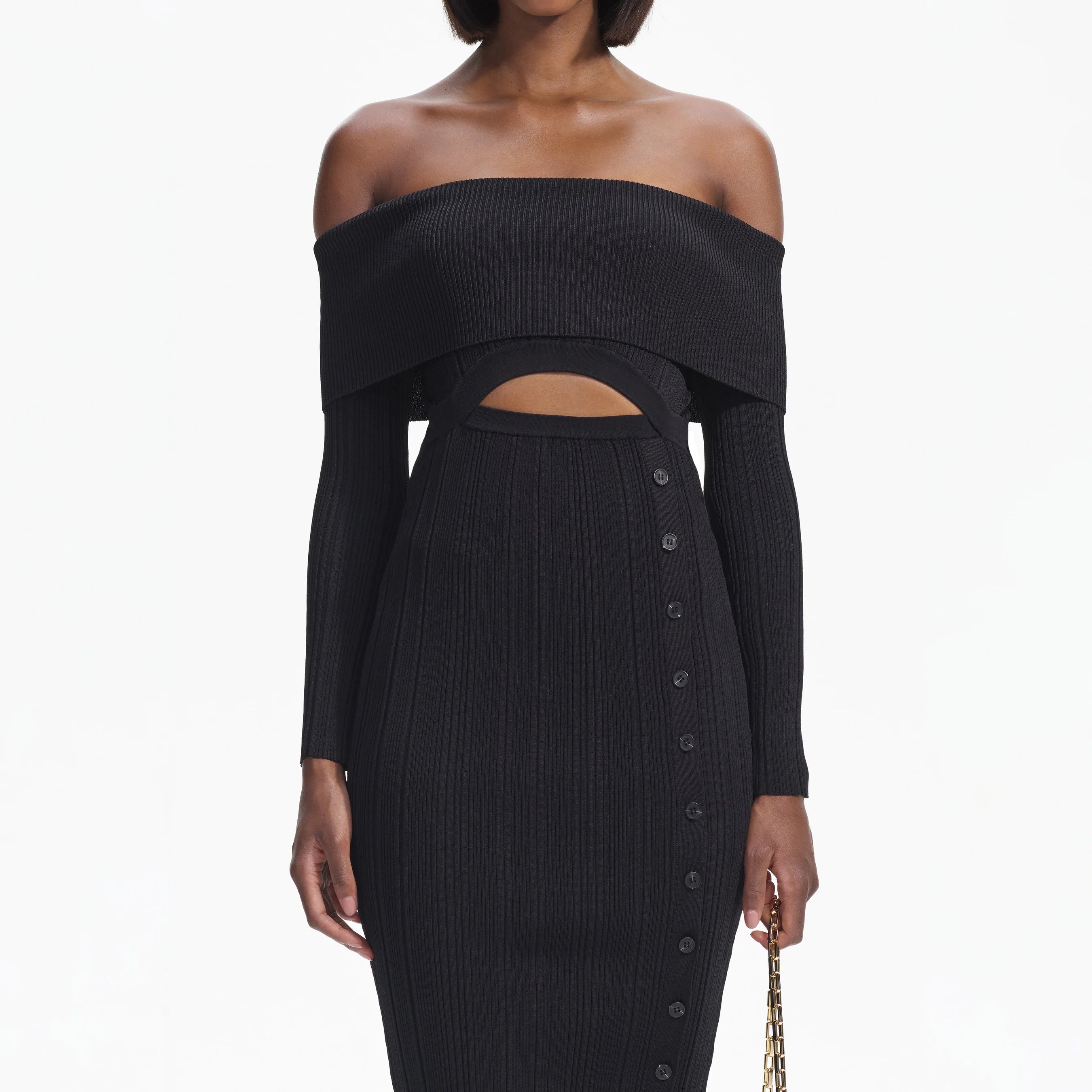 BLACK OFF SHOULDER KNIT MIDI DRESS – Ohhal